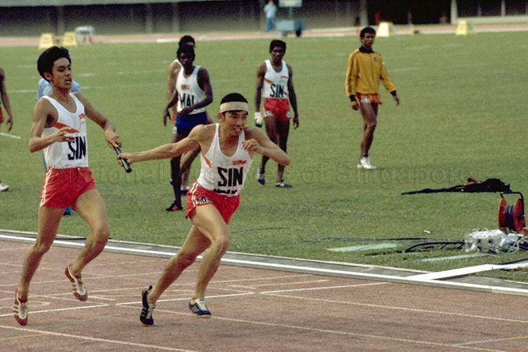 Seventh Southeast Asian Peninsular (SEAP) Games - Singapore athletes in men's relay event at National Stadium, Singapore