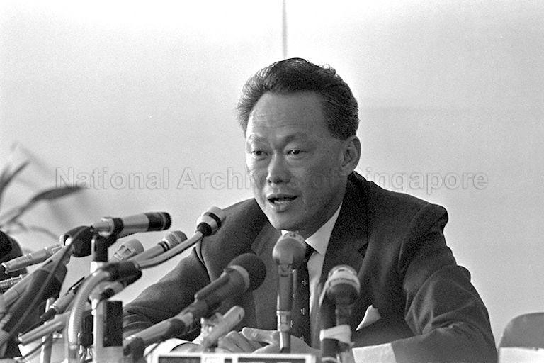 Prime Minister Lee Kuan Yew speaking at a press conference in Singapore Polytechnic Press Centre, in his capacity as Chairman of the Commonwealth Heads of Government Meeting.