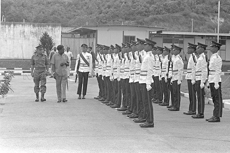 President of Uganda Dr Milton Obote inspecting the guard of honour during his visit to Singapore Armed Forces Training Institute with President of Zambia Dr Kenneth Kaunda and President of Tanzania Dr Julius Nyerere.