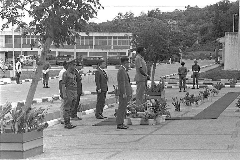 President of Uganda Dr Milton Obote taking the salute during his visit to Singapore Armed Forces Training Institute with President of Zambia Dr Kenneth Kaunda and President of Tanzania Dr Julius Nyerere.