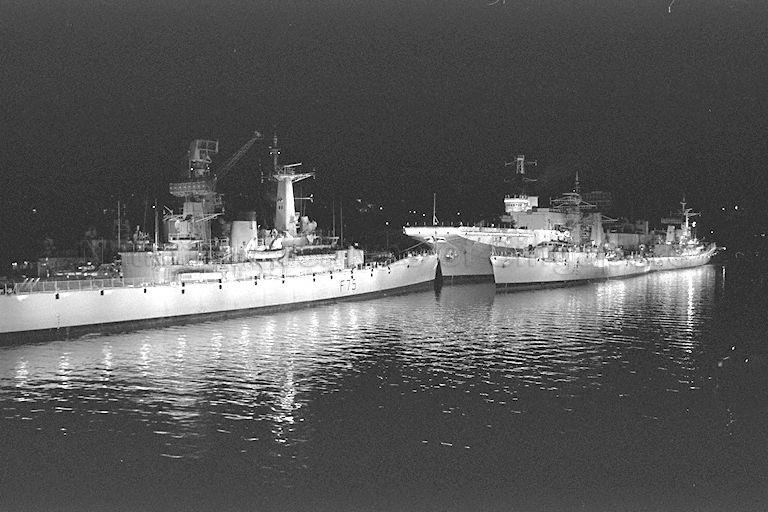 Picture of warships at Woodlands Naval Base. This is a picture taken during a dinner that is held for leaders from Singapore, Australia, Malaysia, United Kingdom and New Zealand at the British warship HMS Intrepid at Woodlands Naval Base.