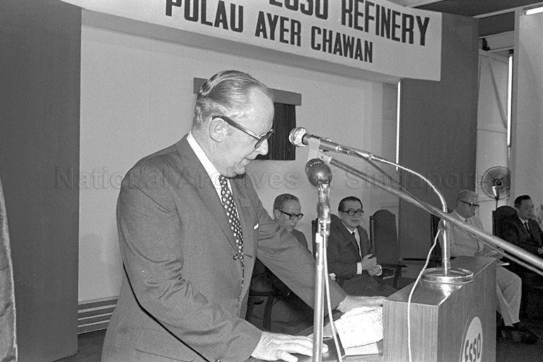 Executive Vice President of Esso Eastern Inc., New York, Robert E Anderson speaking at official opening of $200 million Esso refinery at Pulau Ayer Chawan. Seated second from left is Minister for Finance Hon Sui Sen.