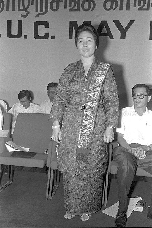 Puan Noor Aishah, who is widow of the late President Yusof Ishak, is awarded the NTUC's Special Medal of Honour for her dedication and public service to voluntary and charitable organisations during the May Day Rally at the Singapore Conference Hall at Shenton Way.