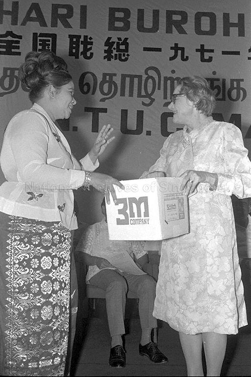 Mrs Piroska Rajaratnam, wife of Minister for Foreign Affairs and Minister for Labour S Rajaratnam, drawing from a heap of table-tennis balls to choose National Trades Union Congress (NTUC) May Day Queen during the May Day Rally at the Singapore Conference Hall at Shenton Way.