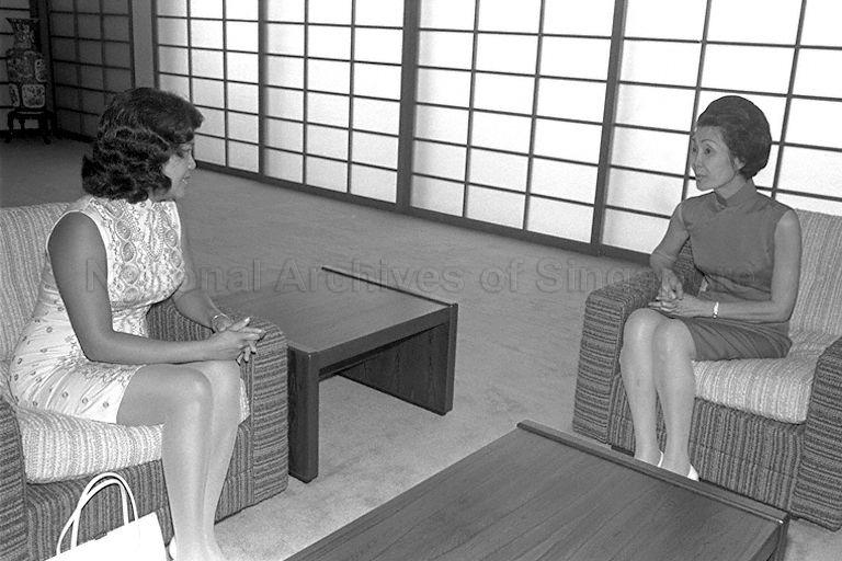 Mrs Benjamin Sheares with Mrs Chiang Hai Ding at Istana where President Dr Benjamin Henry Sheares presents Letters of Credence to Singapore's new High Commissioner to Malaysia Dr Chiang