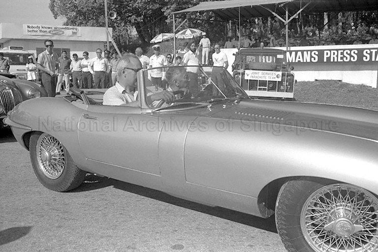 President Yusof Ishak in a car for a drive around the race track during Singapore Grand Prix 1970