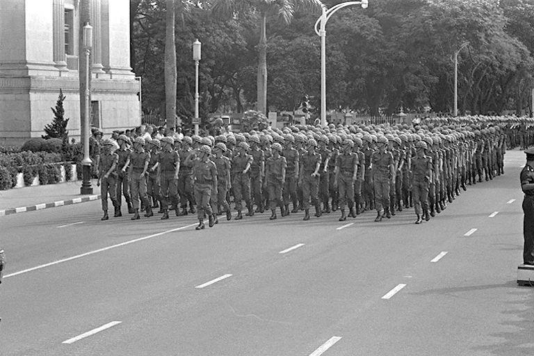 National Day Parade 1969 First Rehearsal at the Padang - Singapore Armed Forces (SAF) contingent marching