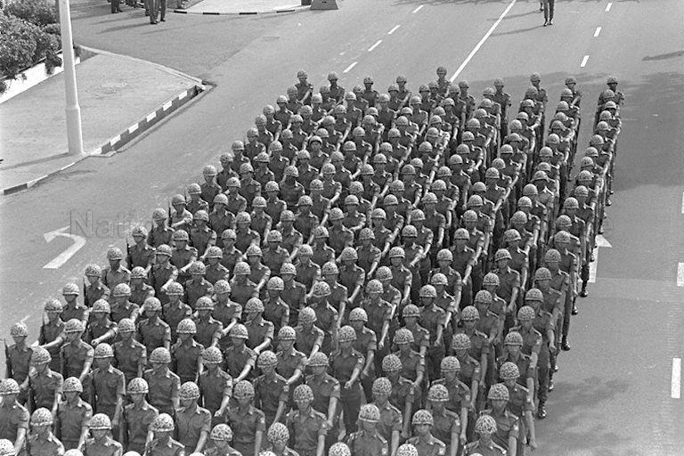 National Day Parade 1969 First Rehearsal at the Padang - Contingent of Singapore Armed Forces (SAF) marching past City Hall