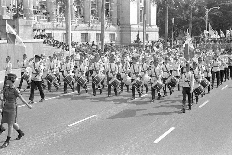National Day Parade 1969 Third Rehearsal at the Padang - Combined schools band of St Gabriel's School and another Secondary School marching past City Hall
