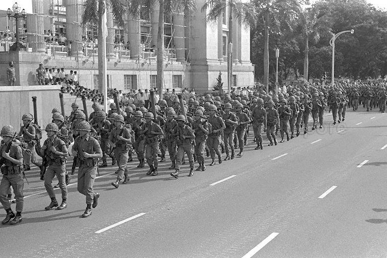 National Day Parade 1969 Third Rehearsal at the Padang - Singapore Armed Forces (SAF) contingents marching past City Hall