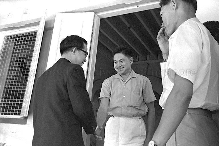Parliamentary Secretary to Ministry of Home Affairs Chan Chee Seng congratulating Deputy Prime Minister Dr Toh Chin Chye at his wedding at Singapore Registry