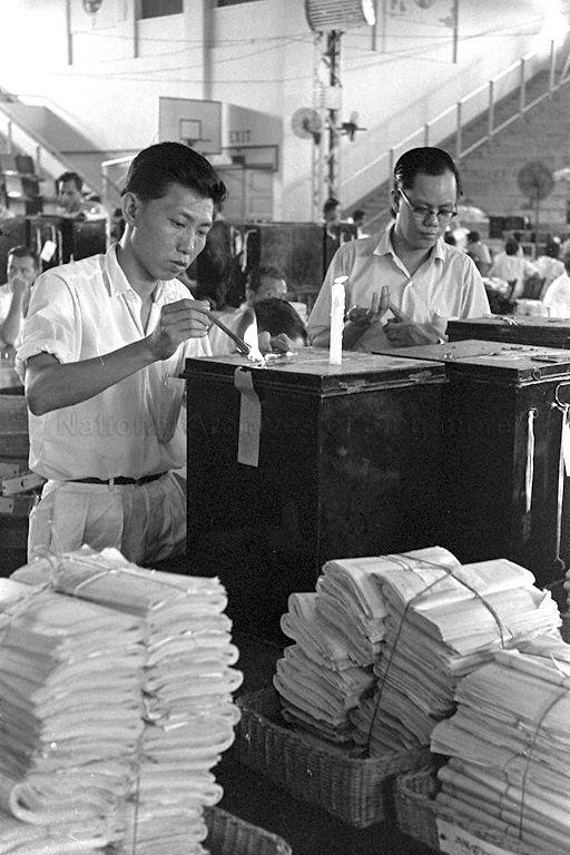 Ballot boxes of the Singapore National Referendum 1962 at Singapore Badminton Stadium