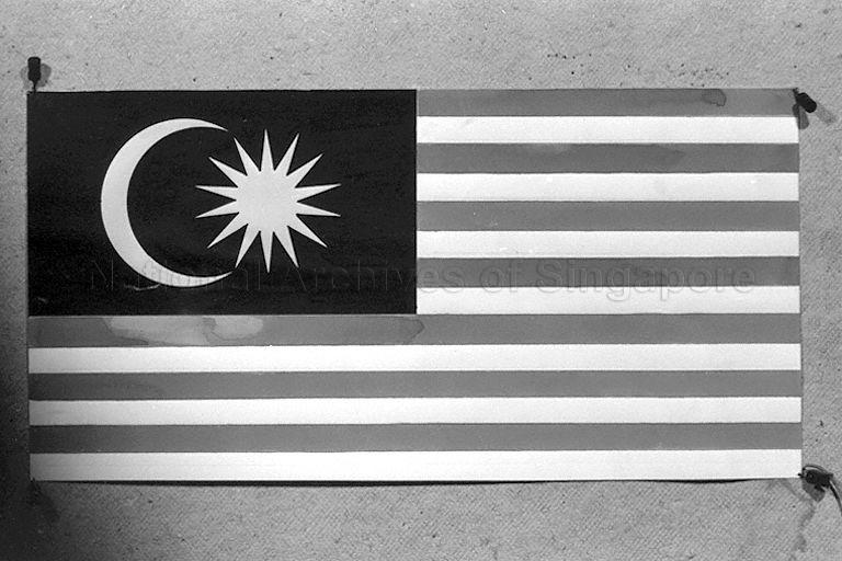 Flag of Malaysia, in use since 16 September 1963 when the Federation of Malaysia was formed. The 14 points on the star and the 14 red and white stripes represent the 14 states of Malaysia. The design of the flag was maintained even when Singapore separated from Malaysia in 1965, with the 14 stripes and the 14-pointed star bearing the new meaning of 13 states and a federal government.
