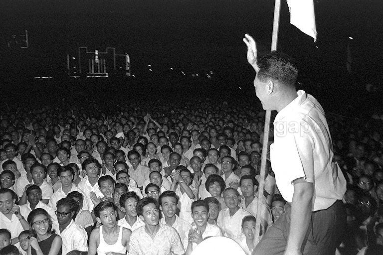 Prime Minister of Singapore Lee Kuan Yew at a People's Action Party (PAP) rally in Kuala Lumpur during the 1964 Malaysian election