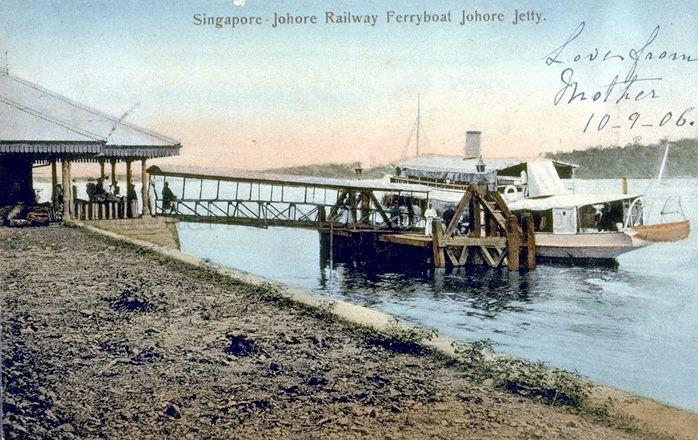 Johor jetty of the Singapore-Johor Railway Ferryboat, where people travelling to and from the Malay Peninsula by rail were carried across the Johor Straits by launches at this point