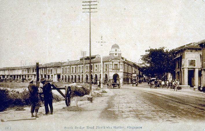 The Jinricksha Station at southern end of South Bridge Road, built in 1903 on a triangular plot at junction of Neil Road and Tanjong Pagar Road
