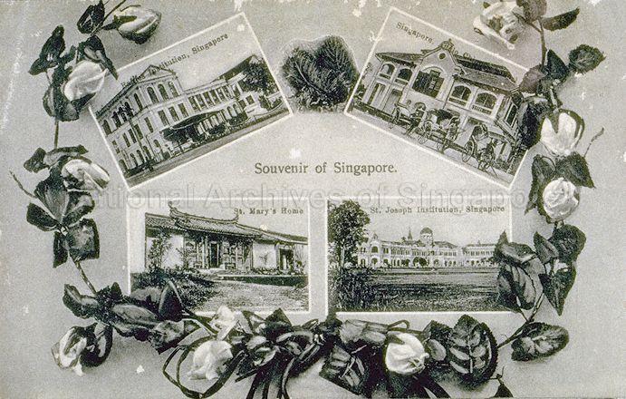 Multiview picture postcard featuring four institutions of learning in Singapore: Raffles Institution, Anglo Chinese School, St. Mary's Home and School, and St Joseph Institution