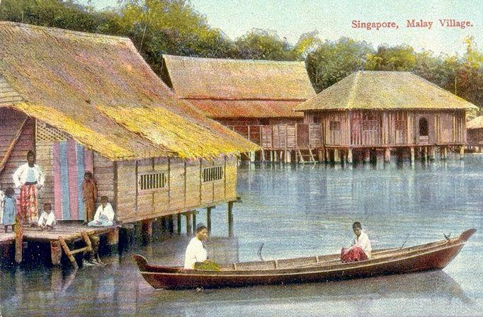 View of Malay houses on stilts and boat known as the 'kolek Johor' which is used for fishing and ferrying passengers
