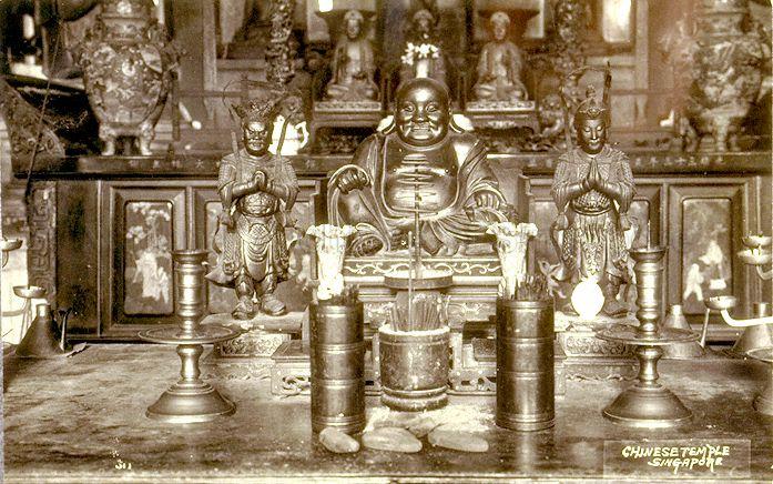 Chinese deities at altar of a Chinese temple, Singapore