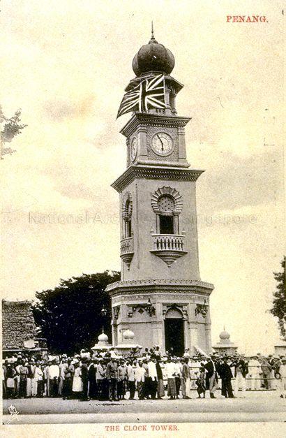 Jubilee Clock Tower at the junction of Light Street and Beach Street, Penang. This Moorish styled clock tower was built in commemoration of Queen Victoria's 1897 Diamond Jubilee.