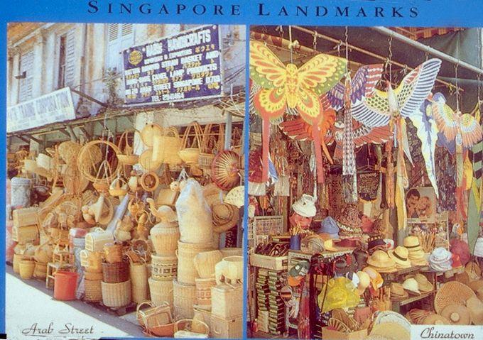 A rattan basket shop at Arab Street and a touristy shop selling assorted handicrafts and memorabilia in Chinatown