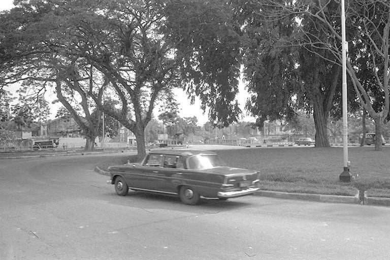 Street scene at Newton Circus, a roundabout traffic junction