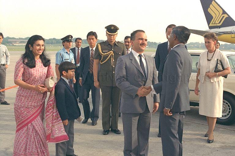 Director of Protocol V K Rajan (right) shaking hands with Crown Prince Hassan of Jordan during send-off at Changi International Airport. Looking on are (from left) the prince's wife, Princess Sarvath and son Prince Rashid, and Minister of State for Education Tay Eng Soon (behind Mr Rajan) and his wife (right).
