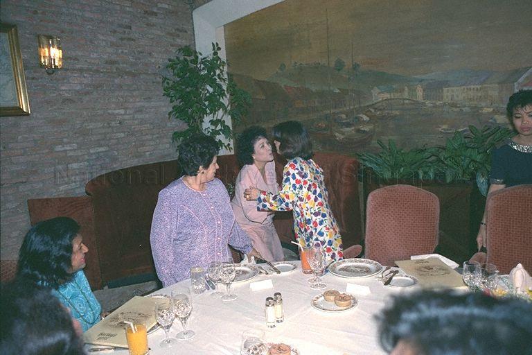 Malaysian princess Tunku Besar Zabedah (second from right), daughter of the Yang di-Pertuan Agong, Sultan Iskandar of Johor, being greeted by host Mrs E W Barker, wife of Minister for Law, at Harbour Grill, Hilton International. Looking on from left are Datin Jeyabala Tharmaratnam, wife of Malaysian High Commissioner to Singapore, and Mrs S R Nathan, wife of Singapore's High Commissioner to Malaysia.