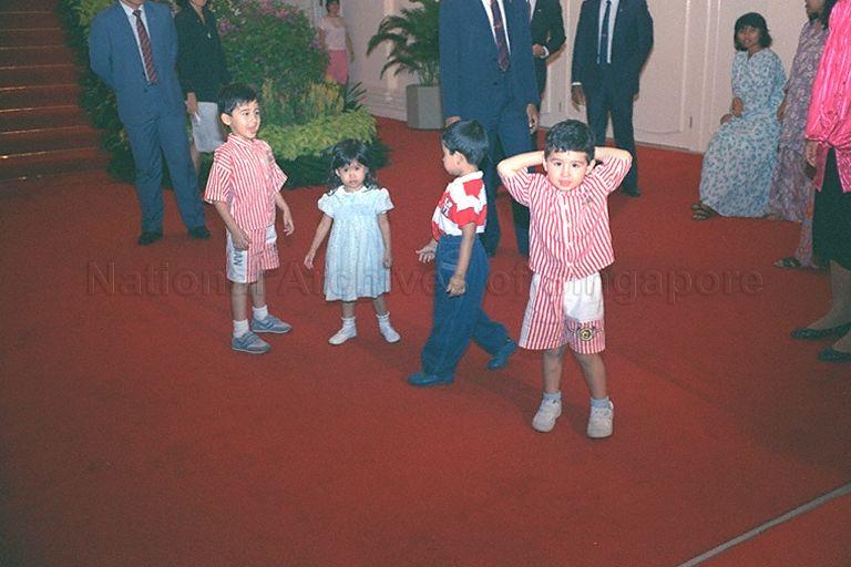 Grandchildren of the Yang di-Pertuan Agong, Sultan Iskandar of Johor, playing at Istana. Tengku Sallehuddin Ismail Iskandar Ibrahim Hishamuddin Shah (left), five, and his three-year-old brother Tengku Shahrain (right) with their cousins (from left) - Tunku Ismail (third) and two-year-old Tunku Aminah Maimunah (second). The cousins are children of the King's eldest son.