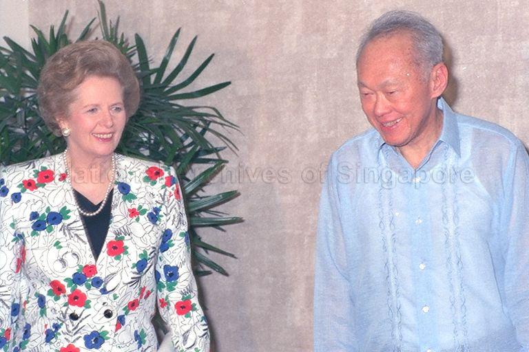 British Prime Minister Mrs Margaret Thatcher (left) meeting Prime Minister Lee Kuan Yew for talks during a courtesy call at Istana Drawing Room