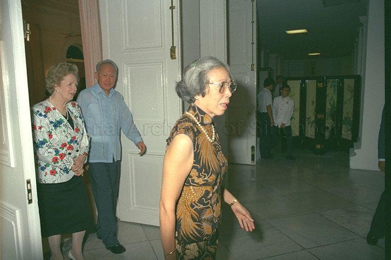 Front from left, British Prime Minister (PM) Mrs Margaret Thatcher, PM Lee Kuan Yew, and Mrs Lee proceeding to dinner at Istana. The two prime ministers had earlier discussed affairs in Cambodia and Vietnam.