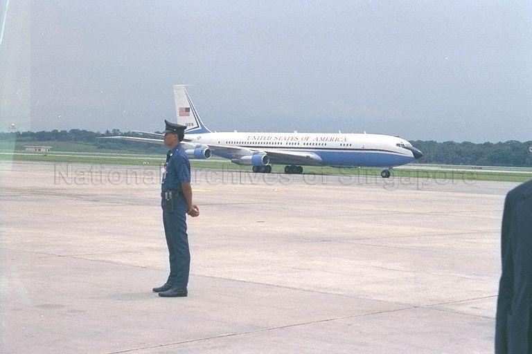 Air Force Two, the aircraft of Vice-President of United States of America Dan Quayle, touches down at Singapore Changi airport.
