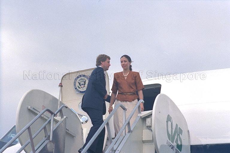 Vice-President of United States of America (US) Dan Quayle and his wife Marilyn pausing to wave goodbye from the entrance of the plane at Singapore Changi Airport. Mr Quayle is leaving for Bangkok, his last leg on a South-east Asian and Pacific tour that has taken him to Australia, Indonesia and Singapore.