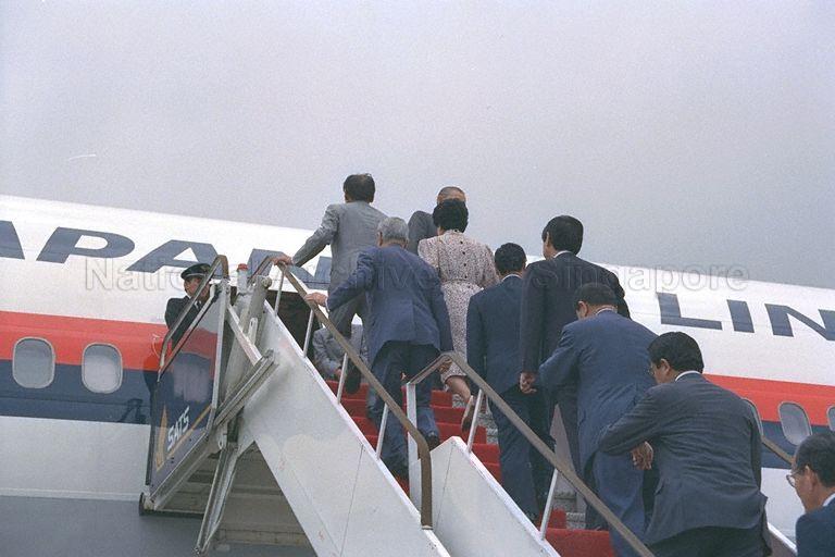 Japanese Prime Minister Noboru Takeshita and his delegation boarding the aircraft at Changi Airport. Mr Takeshita leaves for Jakarta where he will deliver a keynote speech. He will then proceed to Manila before returning to Tokyo. The premier has visited Thailand and Malaysia.