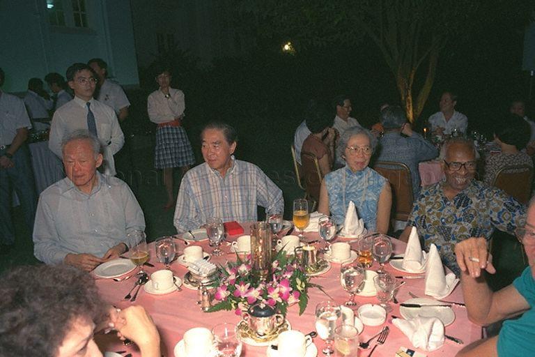 Prime Minister Lee Kuan Yew hosting the valedictory dinner in the garden between Parliament House and its Annexe for 14 former People's Action Party (PAP) Members of Parliament (MPs) who stepped down in September 1988. Clockwise from Mr Lee are Dr Yeoh Ghim Seng, Mrs Lee, S Rajaratnam, E W Barker, and Mrs Gloria Barker. Dr Yeoh, MP for Joo Chiat, has been the Speaker of Parliament for nearly 19 of the 23 years that Singapore has been independent. He was elected in 1966. Dr Yeoh is now a surgeon in private practice. Mr Rajaratnam, Senior Minister in the Prime Minister's Office, is the oldest among the 14 retiring Members of Parliament and has represented Kampong Glam since 1959 when he was first elected. Mr Barker, Minister for Law, has been MP for Tanglin since 1963 when he was first elected. Mr Barker is now chairman of the Bukit Turf Club.