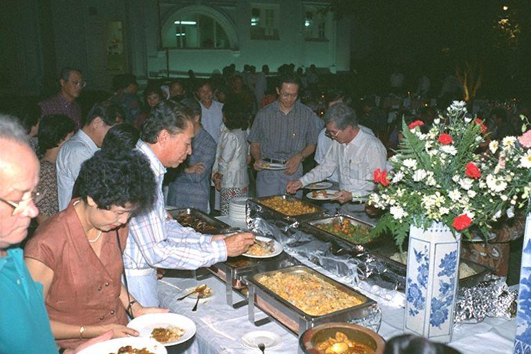 (Front from left) Retired Members of Parliament (MP) E W Barker (first); Dr Yeoh Ghim Seng (third); Fong Sip Chee (right) and MP for Bedok Group Representative Constituency (GRC) Dr Hong Hai (third from right) at the valedictory dinner for 14 People's Action Party politicians who retired from Parliament in September 1988. Mr Barker, Minister for Law, has been MP for Tanglin since 1963 when he was first elected. Mr Barker is now chairman of the Bukit Turf Club. Dr Yeoh, MP for Joo Chiat, has been the Speaker of Parliament for nearly 19 of the 23 years that Singapore has been independent. He was elected in 1966. Dr Yeoh is now a surgeon in private practice. Mr Fong, MP for Chai Chee, is the youngest among the 14 retiring MPs. First elected in 1963, he has spent half his life in public service. Mr Fong is now a consultant.