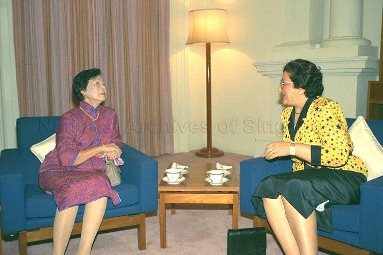 First Lady Mrs Wee Kim Wee with Mrs Antonios J Varkis (right), who is at Istana to pay a farewell call on the First couple with her husband, the Cyprus High Commissioner.