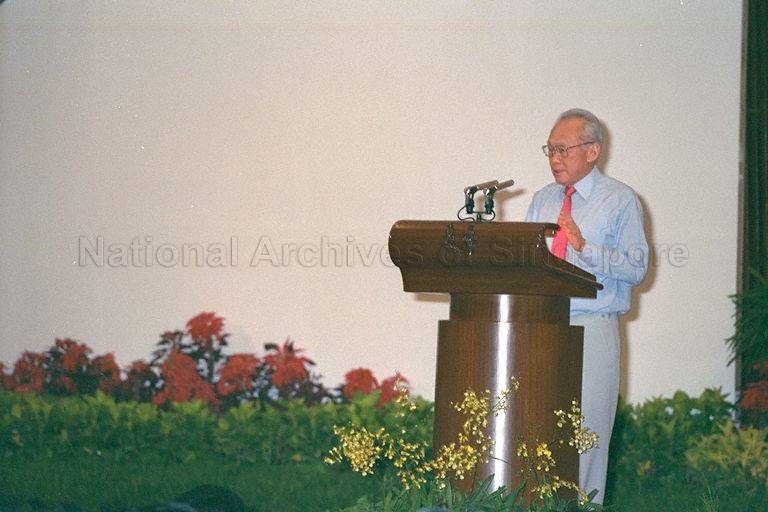 Prime Minister Lee Kuan Yew speaking at the launch of 1989 Speak Mandarin campaign at Singapore Conference Hall auditorium. Mr Lee says that the use of Mandarin by Chinese Singaporeans in the upper strata of society will be "one big step forward" in the decade-long campaign.