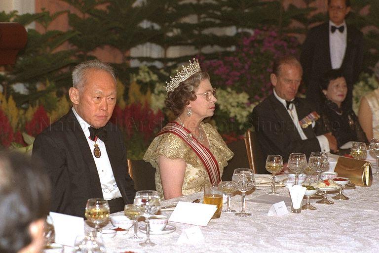 (From left) Prime Minister Lee Kuan Yew, Queen Elizabeth II, Duke of Edinburgh Prince Philip and wife of President Mrs Wee Kim Wee, at the state banquet hosted by President and Mrs Wee at Istana