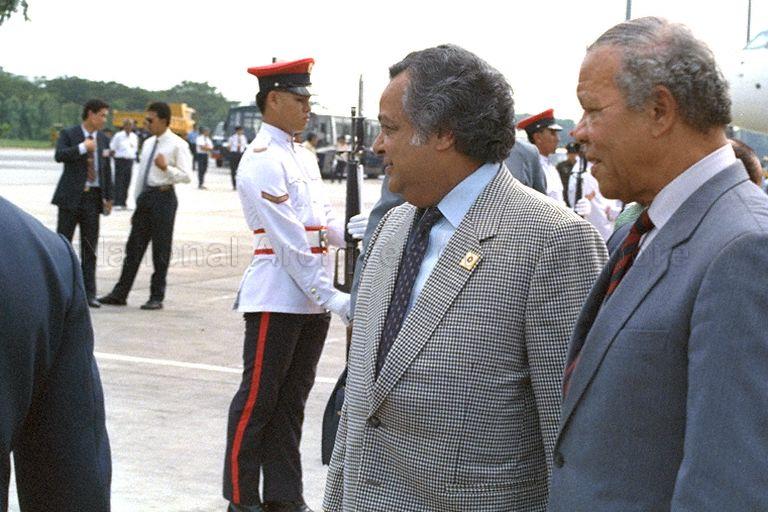 (From right) Prime Minister of Saint Lucia John Compton and outgoing Commonwealth Secretary-General Sir Shridath Ramphal at Singapore Changi Airport. They are stopping over here for a brief visit on their way home from the October 18-24 Commonwealth Heads of Government Meeting (CHOGM) in Kuala Lumpur.