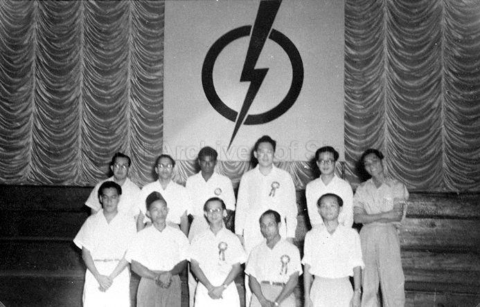 Photograph of the first Central Executive Committee (Protem) of the Peopleâ€™s Action Party (PAP) taken at the PAPâ€™s inauguration held at Victoria Memorial Hall. In the front row is Chairman Dr Toh Chin Chye (centre) and in the back row is Secretary-General Lee Kuan Yew (third from right) with Treasurer Ong Eng Guan (second from right).
