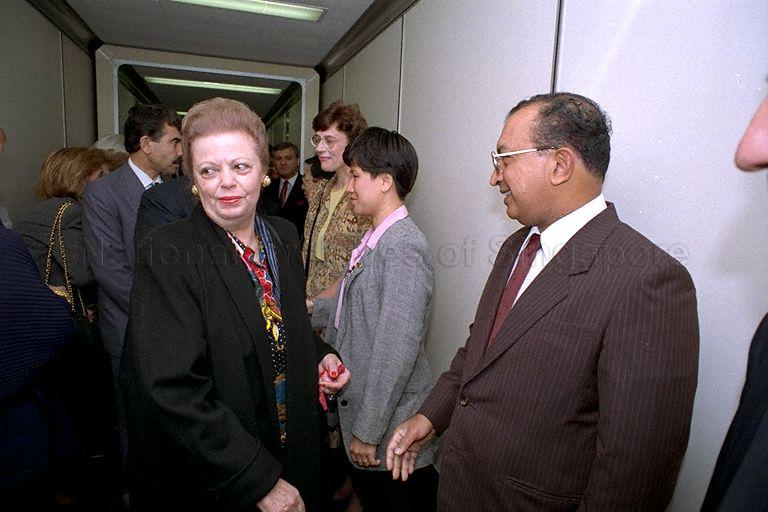 Mrs Nazmiye Demirel, wife of Turkish Prime Minister Suleyman Demirel, bidding farewell to officials at Singapore Changi Airport