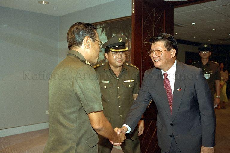 Philippines Defence Secretary, Renato Salud De Villa is received by Chief of Defence Force, Major-General Ng Jui Ping (shown from the side) during a courtesy call on Minister for Defence, Dr Yeo Ning Hong at the Ministry of Defence