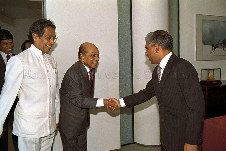 Sri Lanka's Minister of State (Information) A J Ranasinghe (far left) is accompanied by Sri Lankan High Commissioner Oswald Tillekeratne (centre) during a courtesy call on Minister for Trade and Industry, S Dhanabalan. &nbsp;Mr Ranasinghe is here on a four-day visit at the invitation of Minister for Information and the Arts, Brigadier-General George Yeo.