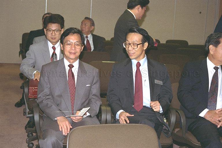 Thai Prime Minister Chuan Leekpai (left) and Chief Executive Officer of the Housing and Development Board (HDB), Moh Siew Meng during a briefing at HDB. Mr Chuan who was elected to office last September is here on a three-day official visit.