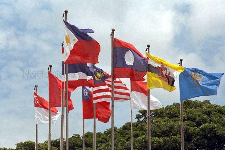 Flags of Southeast Asian (SEA) nations flying outside Toa Payoh Swimming Complex, where the Water Polo event is held during 17th SEA Games