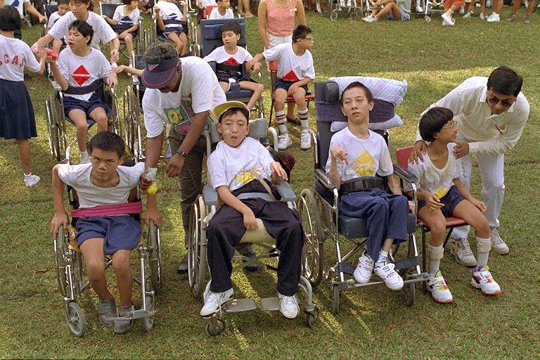 Children in wheelchairs at 32nd annual sports day of Spastic Children's Association of Singapore held at "Field House" located at 25 Gilstead Road