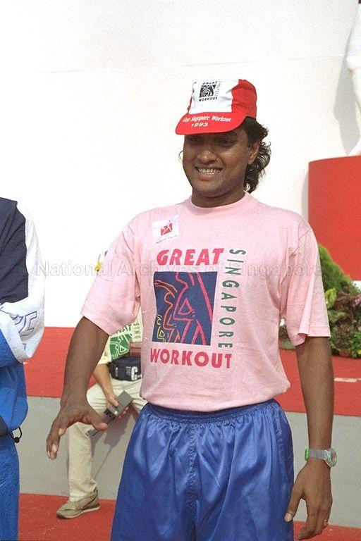 National soccer player V Sundramoorthy participates at the Great Singapore Workout held in conjunction with the first annual Healthy Lifestyle Day inaugurated by Prime Minister Goh Chok Tong at the Padang