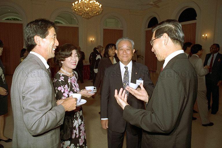 President Ong Teng Cheong with Singapore's honorary consul in Nagoya Toshikage Tanida (facing camera) and other guests during tea reception for Singapore's honorary consuls-general held at Istana