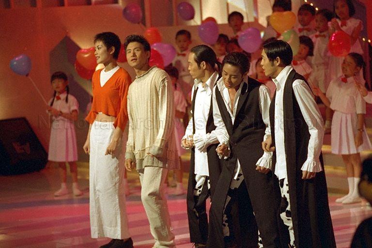 Hongkong dance trio, the Grasshoppers, together with artistes Faye Wong and Jacky Cheung performing at the National Kidney Foundation's 25th Anniversary HongKong Stars Charity Show, Singapore Broadcasting Corporation auditorium